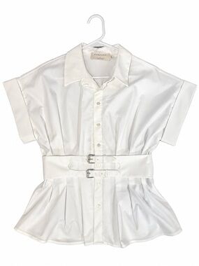 White Short-Sleeve Button Front Belted Top